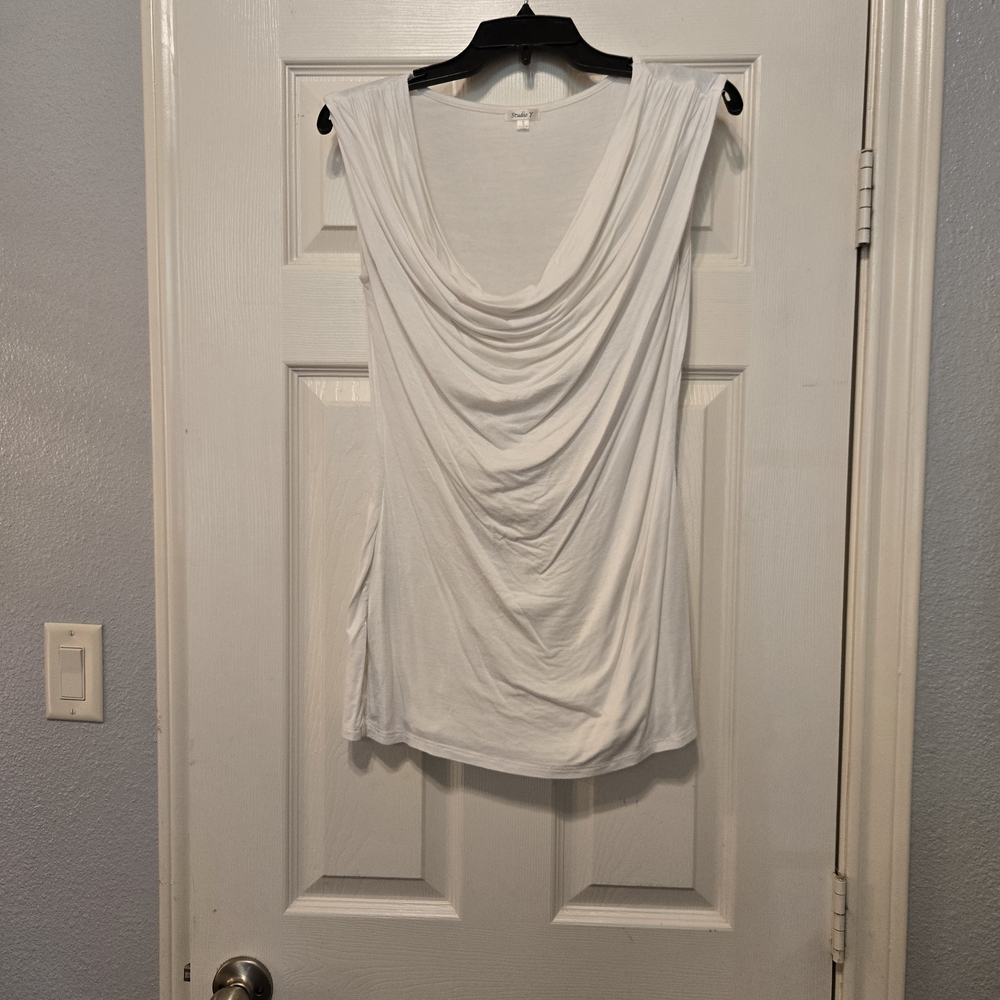 Studio Y White Sleeveless Draped Cowl Front Top